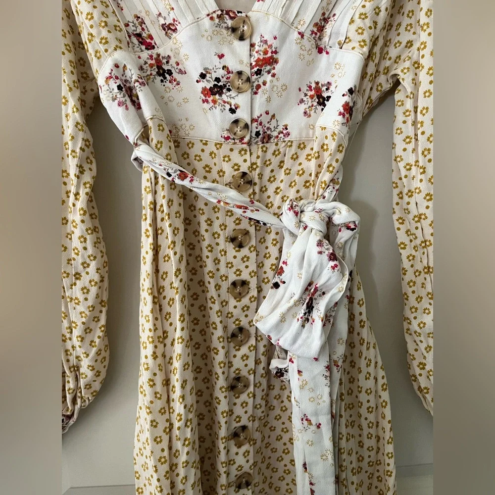 Free People Wonderland Printed Mini Dress Ivory Floral balloon sleeves boho XS